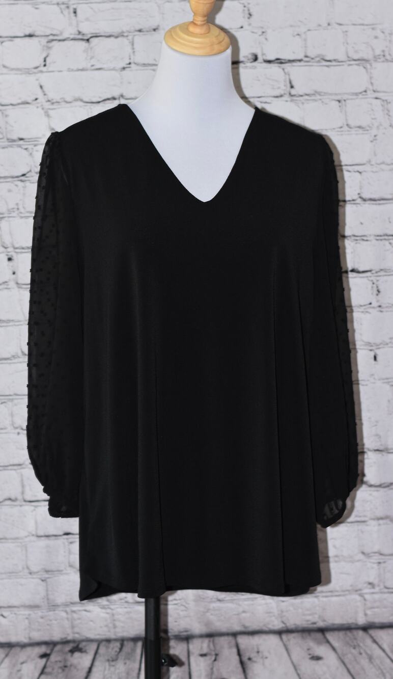 Adrianna Papell Semi-Sheer PolkaDot 3/4 Sleeve V-Neck Stretch Blouse Size 1X NEW